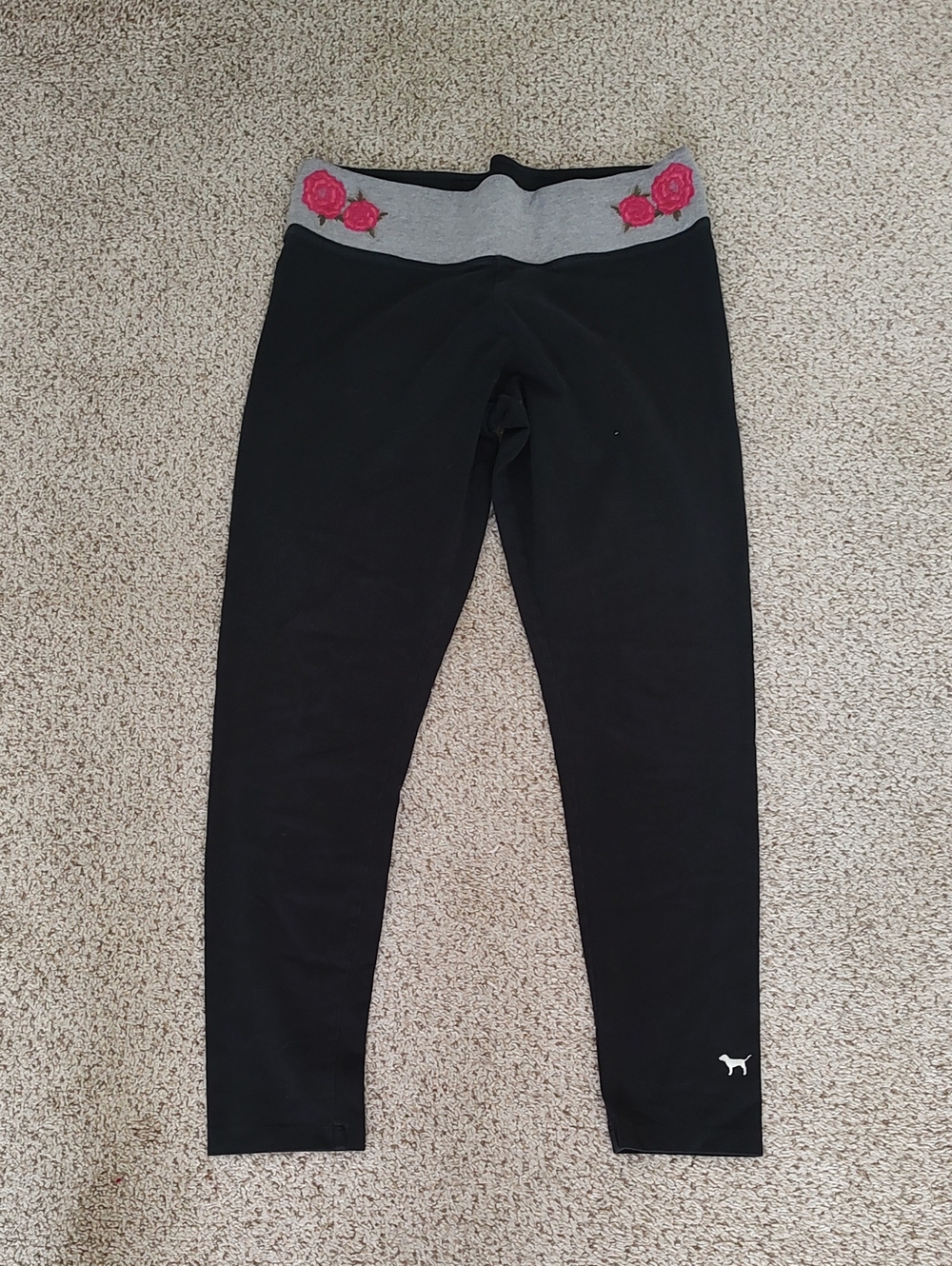 PINK Victoria's Secret Black Leggings with Gray Waistband and Pink Rose Accents